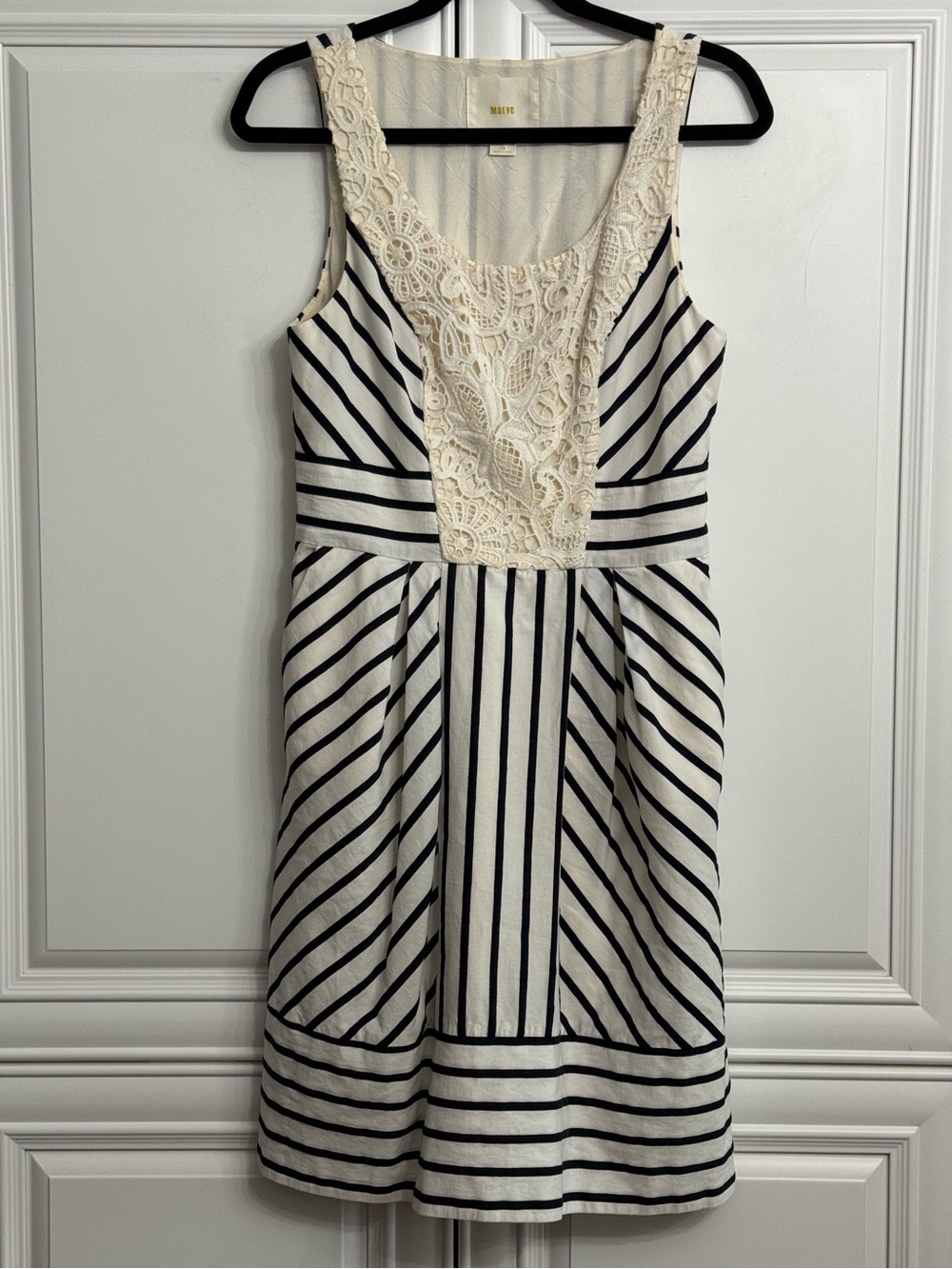 Maeve Chessia Sz 10 Navy + White Striped Sleeveless Lace-Front Dress Pockets